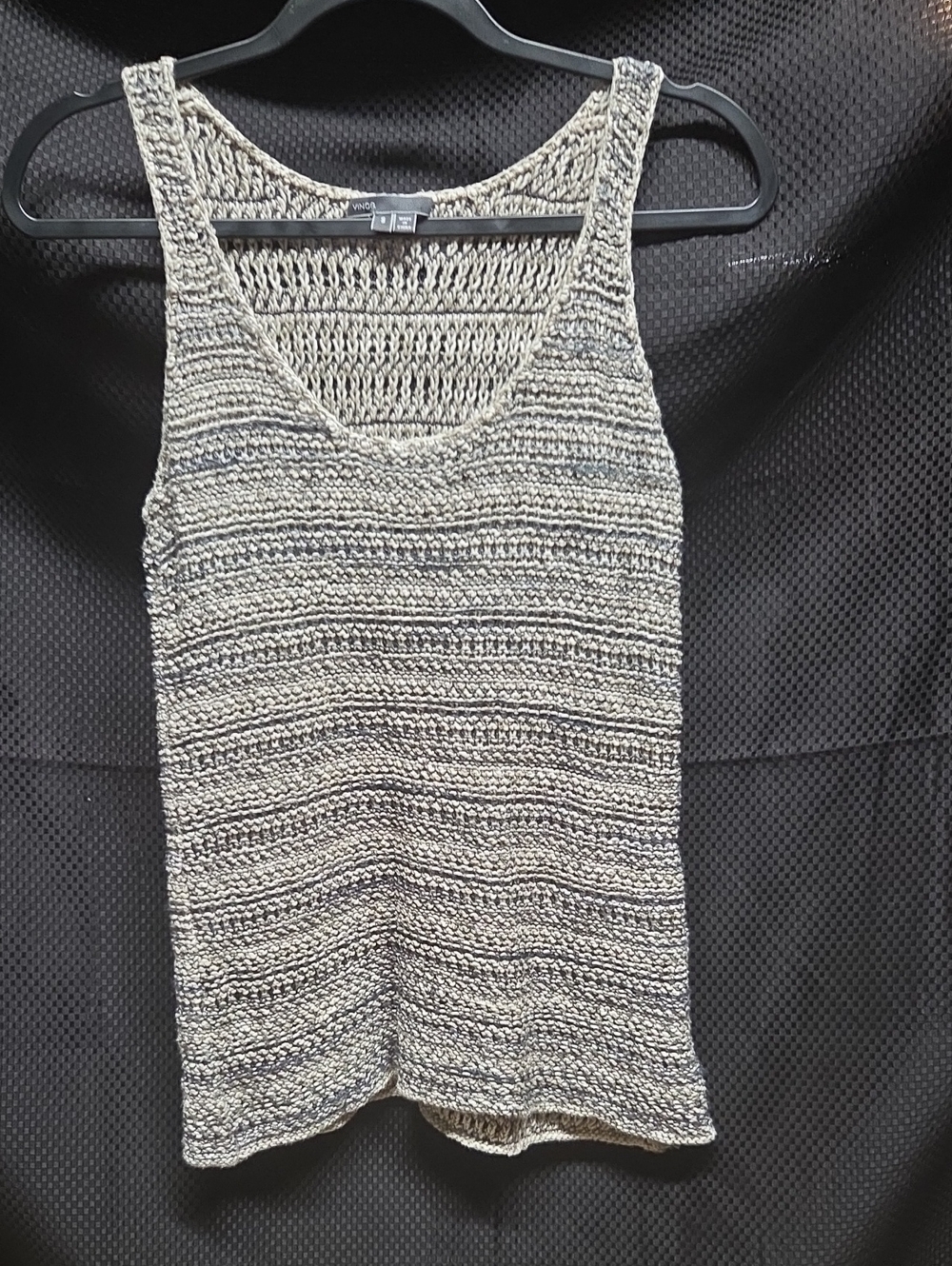 Vince- Striped Crochet Tank Top — Gray & Cream, Size S